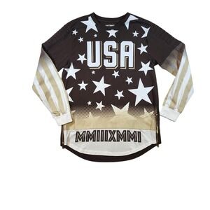 Contender USA Graphic Long Sleeve Women Large Brown Moto Side Zip Good Condition